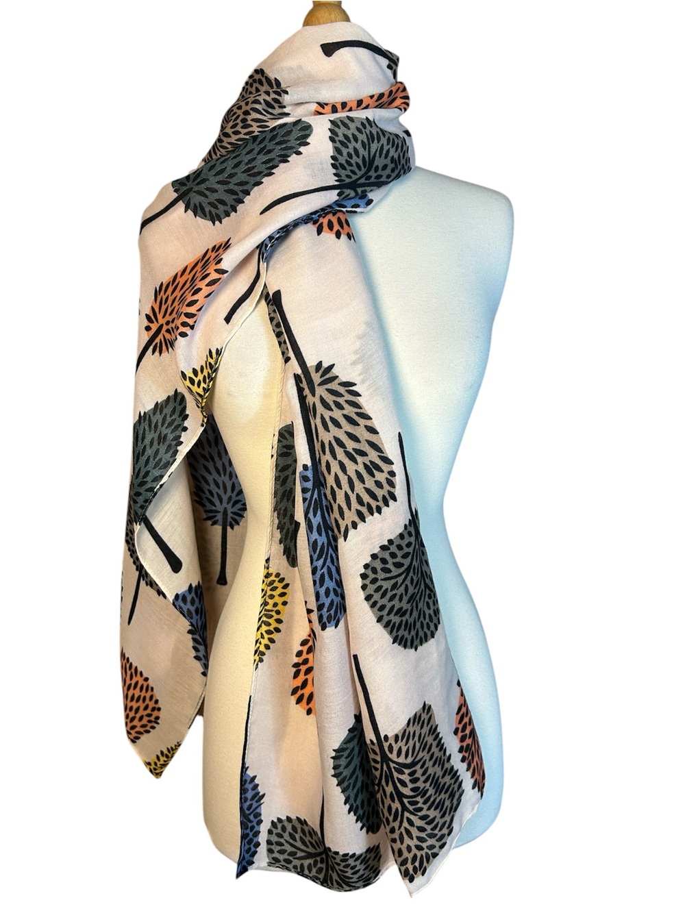 NWT EcoStyle Lightweight scarf cream background with multicolor tree motifs